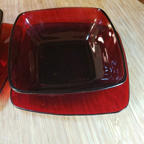 Lot Of 2 Anchor Hocking Dessert Bowl 4.75" & Saucer 5.25" Charm Ruby Red Square - Picture 6 of 7